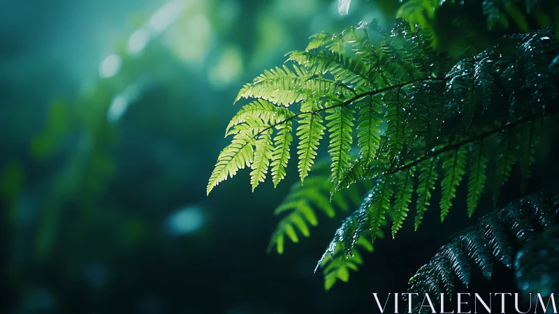 Close-up fern leaves in moody blue-green forest light.