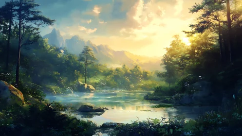 Luminous Mountain Valley Landscape with Atmospheric Perspective Rendering Technique