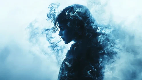 Profile silhouette in blue smoke and diffused backlight.