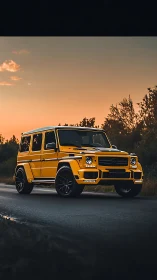 Sunset-lit yellow offroad SUV with aggressive aero kit.