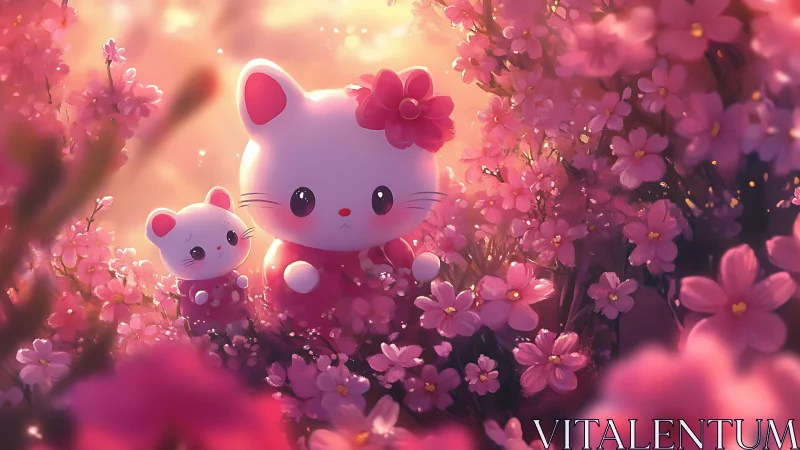 Kawaii cat duo wander through glowing pink blossom meadow.