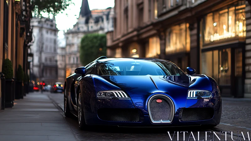 Blue hypercar parked in luxury European city street at dusk.