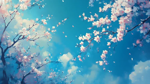 Digital cherry blossoms against bright spring sky.