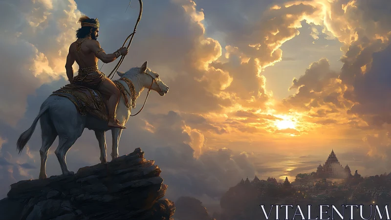 Warrior archer on white steed overlooking sunlit temple realm.