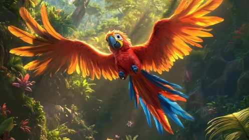 Scarlet macaw soars through glowing rainforest canopy light