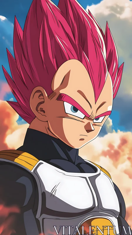 Powerful pink haired warrior standing against soft clouds.