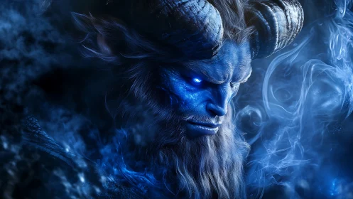 Blue horned demon portrait in swirling cold blue mist.