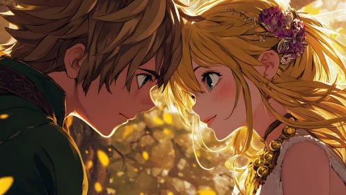 Side profile view of two anime figures in forest light.