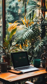 Laptop workspace near window with dense indoor foliage.