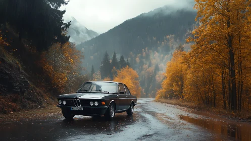 Vintage BMW cruises through misty autumn mountain rain.