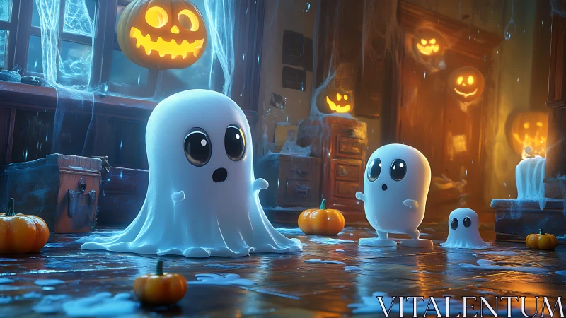 Cartoon ghosts stand on wet floor in pumpkin lit room
