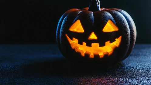 Carved jack o lantern glows with inner light in darkness