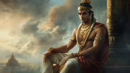 Regal Hindu prince in jeweled ornaments before temple skyline