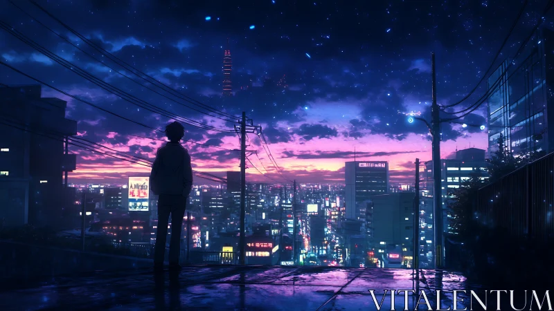 Digital painting skyline with neon twilight cityscape perspective.