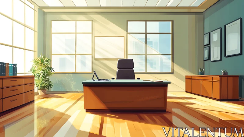 Sunlit executive haven with glassy calm and quiet ambition.