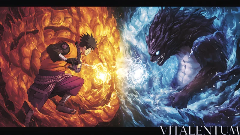 Anime duel between fire warrior and ice beast energy clash.