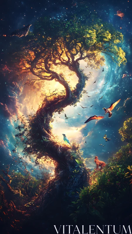 Starlit life tree cradling a glowing sky of wild wonders.