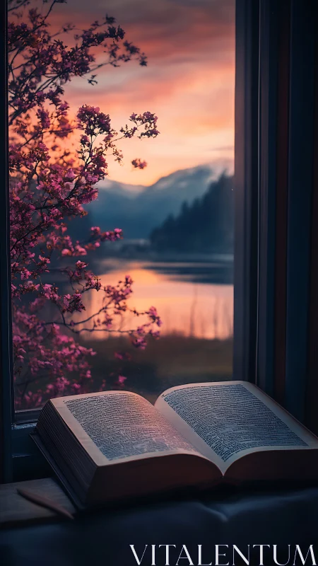 Open book on windowsill with pink blossoms at sunset.