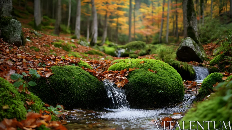 Moss-Covered Forest Stream with Autumn Woodland