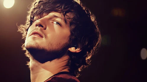 Soft spotlight catches a pensive young man&rsquo;s gentle gaze