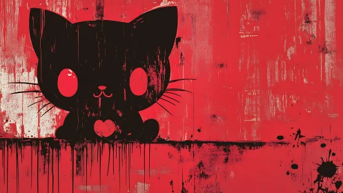 Playful black cat silhouette pops against bold red grunge