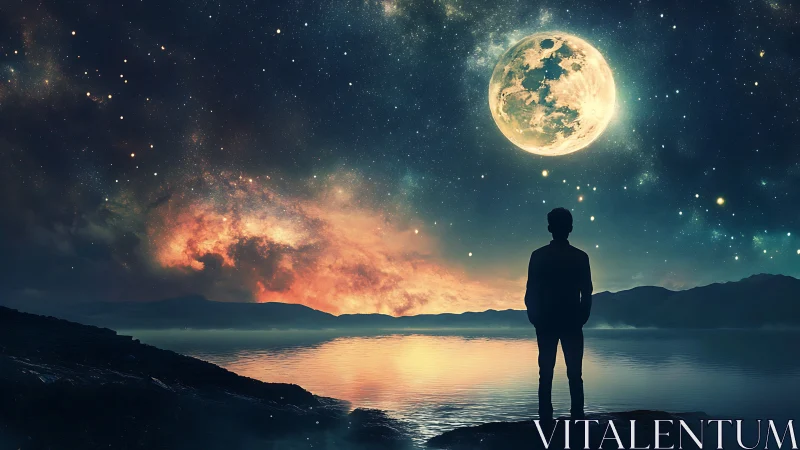 Moonlit dreamer standing by a quiet, star-filled shore.