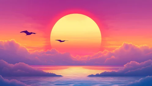 Radiant pastel sunset bathes calm ocean clouds in warmth