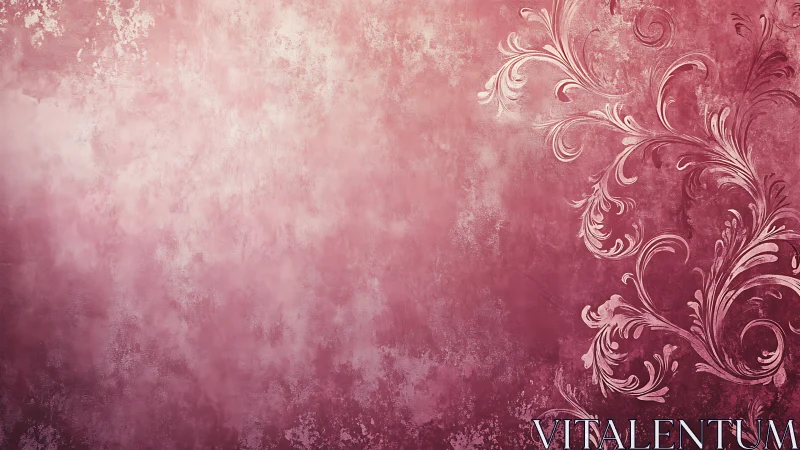 Floral baroque flourishes curl across textured rose gradient