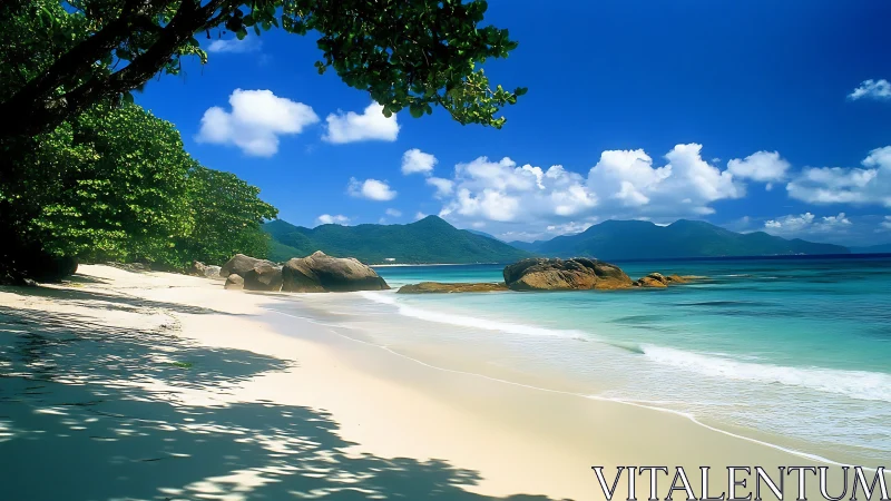 Tropical Lagoon Beach with Mountain Panorama.