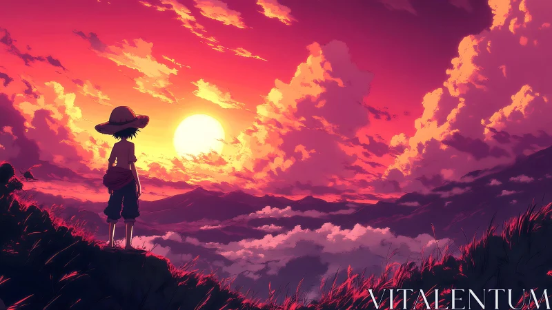 Straw hat wanderer greeting a wildfire painted sunset sky.