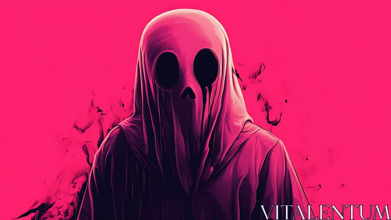 Hooded spectral figure with skull mask on neon magenta ground