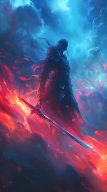 Armored warrior with flaming sword in intense blue sky.