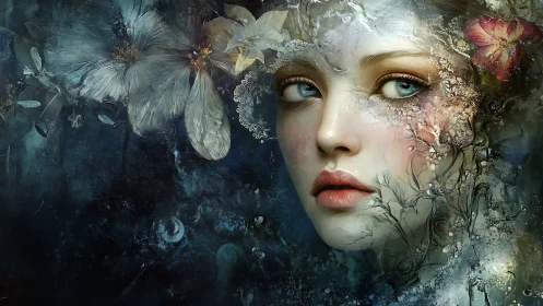Enchanted forest muse emerges from dreamlike blossoms.