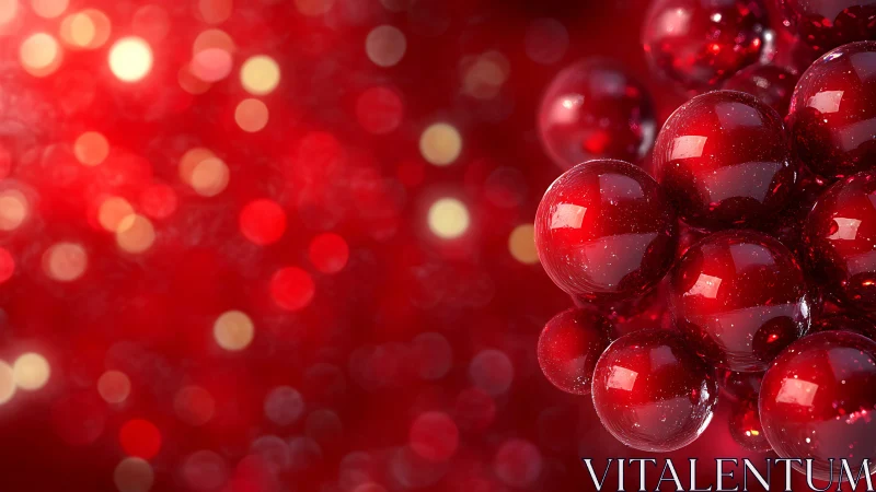Clustered red glass spheres float against blurred bokeh background