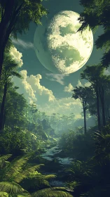 Forest Cathedral Gazes Upon an Emerald Moon's Luminescence