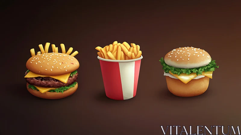 Fast food burger and fries icons arranged on dark background