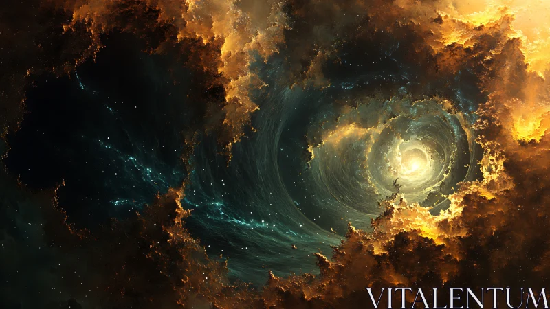 Stellar vortex illuminated by golden nebular turbulence.