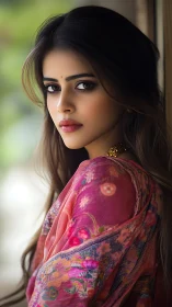 Woman in pink patterned saree looking toward camera