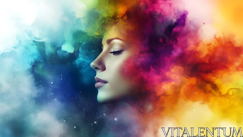 Dreaming profile merges with luminous abstract color cloud.