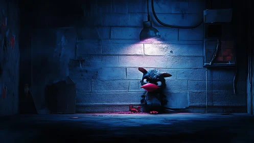 Small blue bird sits under a lonely light in quiet shadows