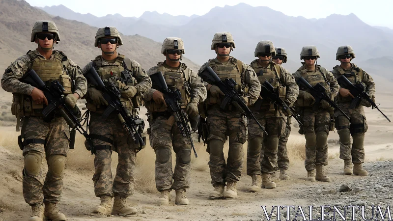 Infantry squad on desert patrol in full combat loadout