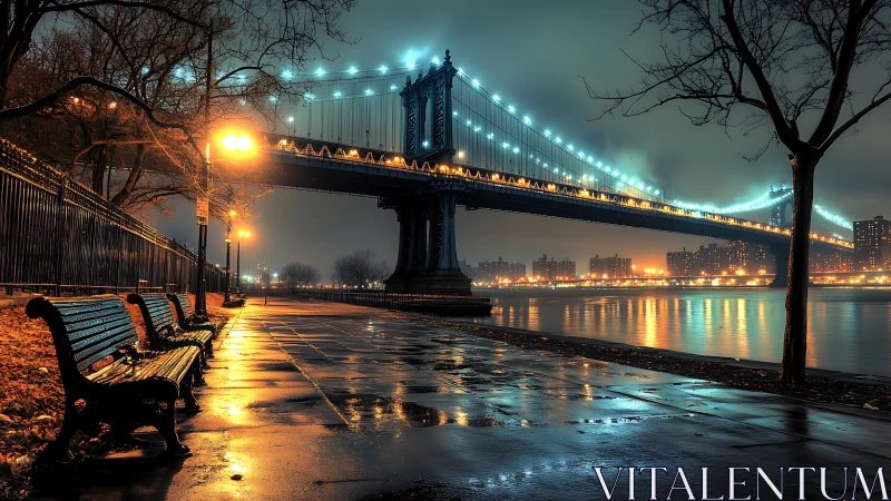 Suspension bridge over river at night with wet promenade.