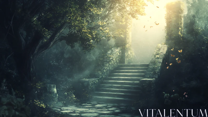 Stone forest staircase leading toward hazy daylight portal.