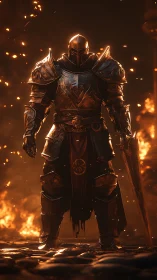 Heavily armored knight figure in fiery battlefield environment.