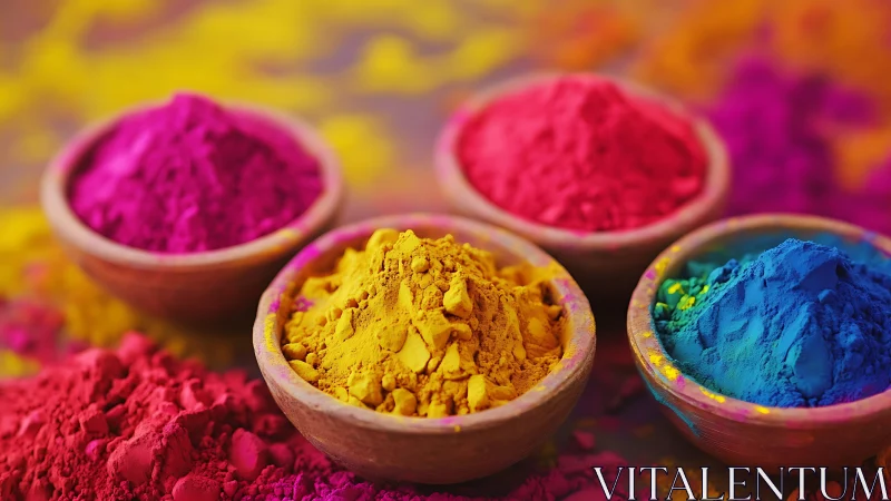 Vibrant powdered pigments arranged in shallow wooden bowls