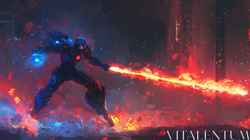 Armored cyber warrior unleashes blazing plasma torrent.