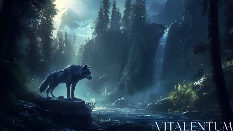 Wolf stands by forest river under moonlit waterfall glow