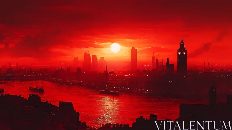 Crimson river sunset bathing a dreaming city skyline.