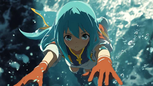 Blue-haired diver reaches through storm-tossed seawater sky.