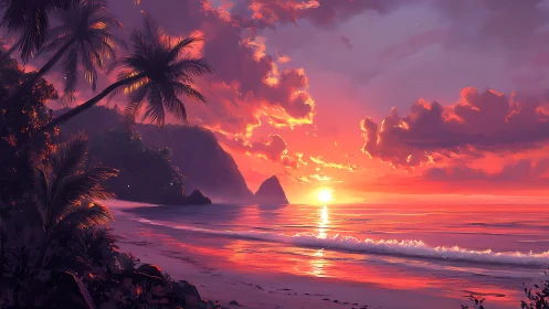 Luminous tropical sunset illuminates tranquil palm-lined shore